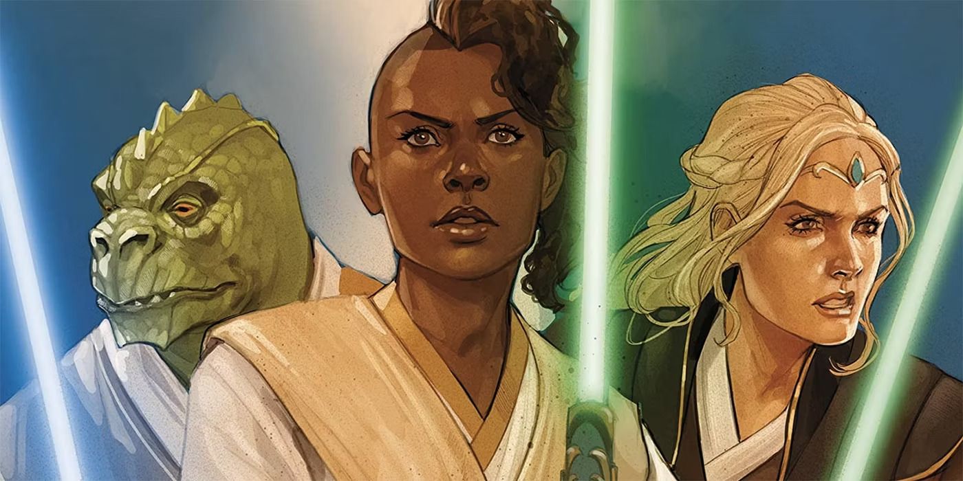 Skeer, Bell e Avar empunham seus sabres de luz em uma colagem de quadrinhos de Star Wars