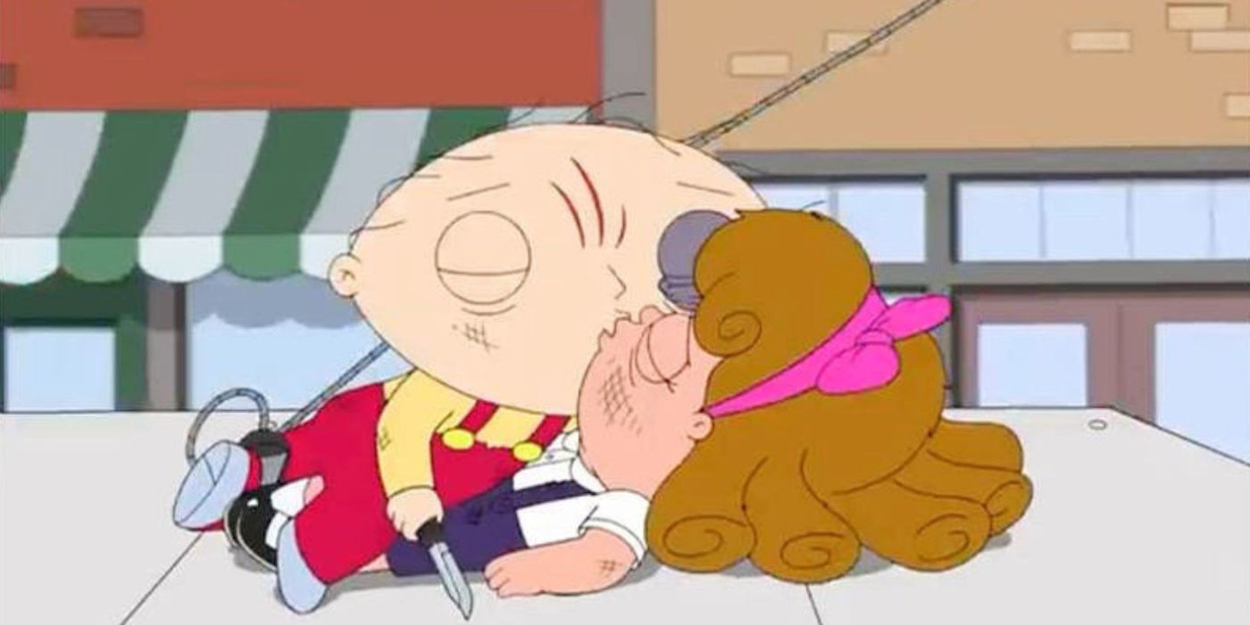 Stewie beija Penelope em um episódio de Family Guy.