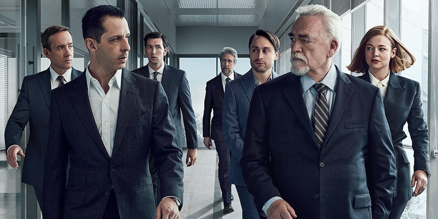 The Succession season 3 poster shows the cast divided into two groups as they walk down a hall 