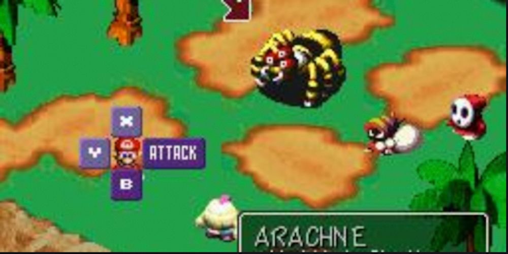 Mario entra em uma batalha contra Arachne em Super Mario RPG