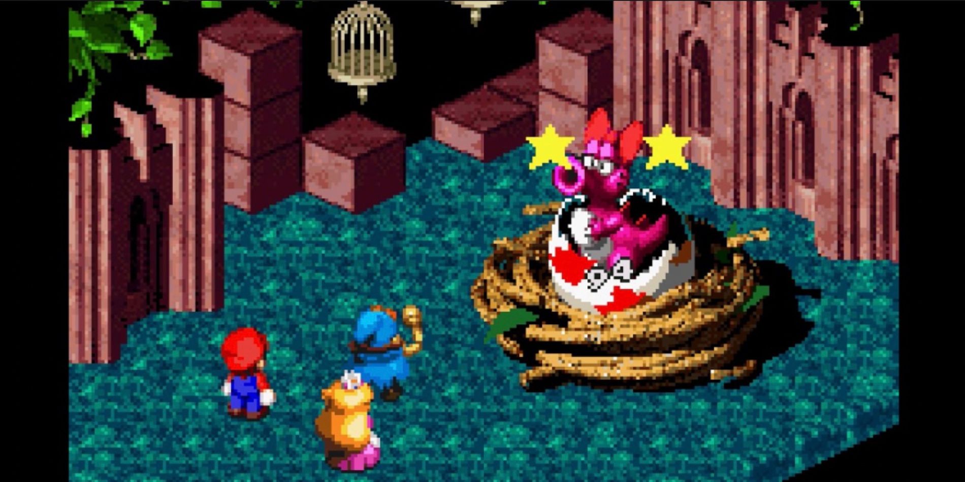 Mario briga com Birdo de Nimbus Land em Super Mario RPG