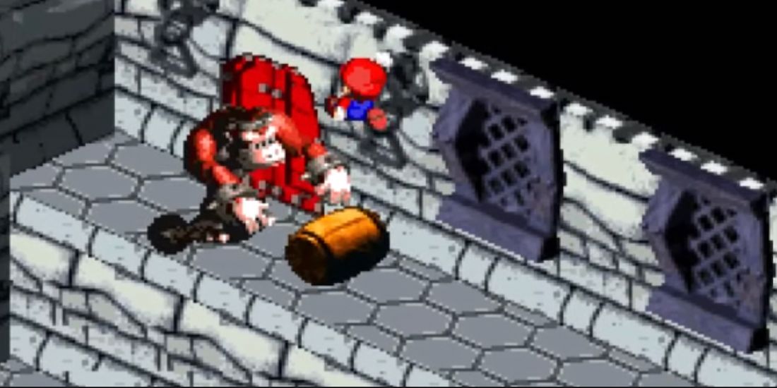 Um inimigo Guerrilha joga um barril em Mario em Super Mario RPG