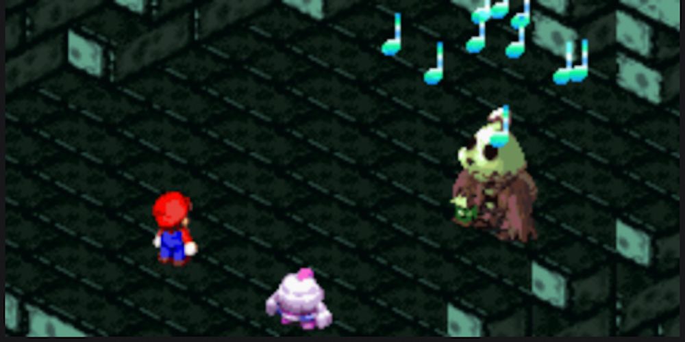 Um Hobgoblin usa Elegy em Mario e Mallow em Super Mario RPG