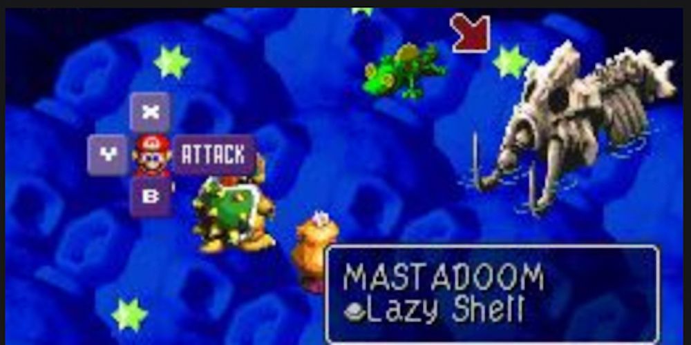 Mario entra em uma batalha com um Mastadoom em Super Mario RPG