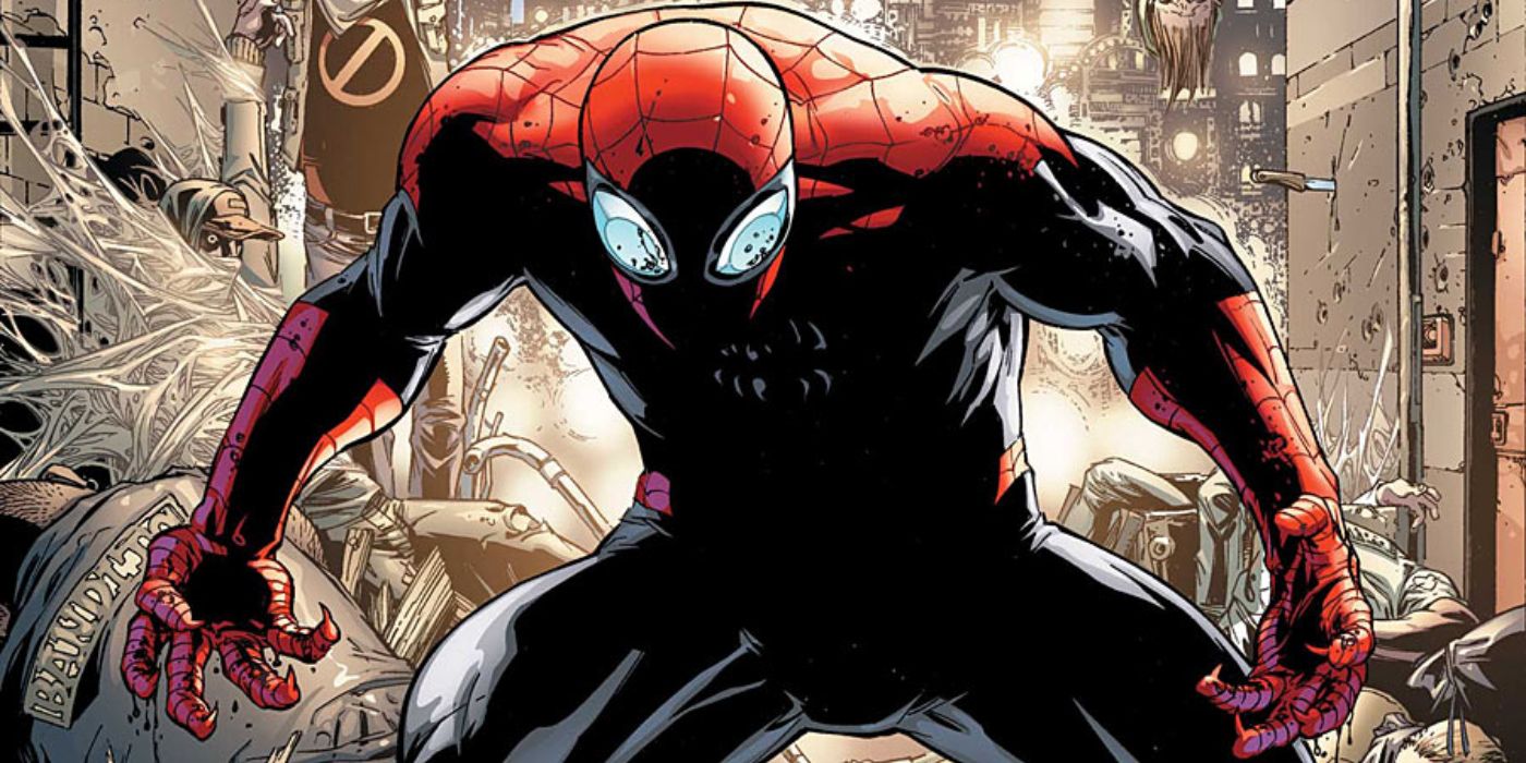 Superior Spider-Man crouches menacingly in a webbed alley way.