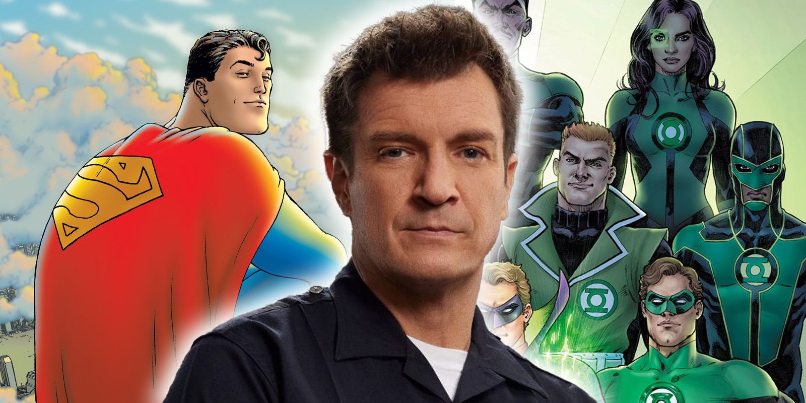 Nathan Fillion in the foreground of images of DC Comics' Superman and Green Lantern
