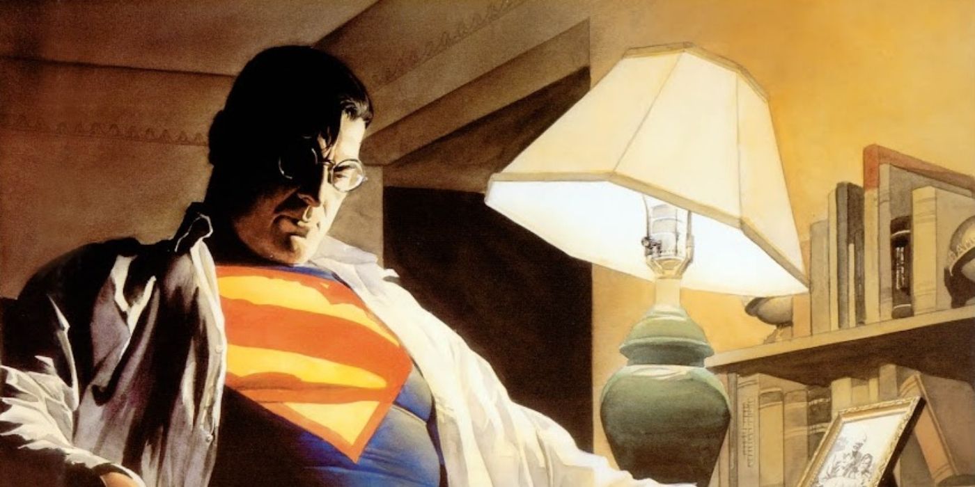 Pintura realista do Superman da DC Comics, camisa desabotoada, meditando silenciosamente em casa.
