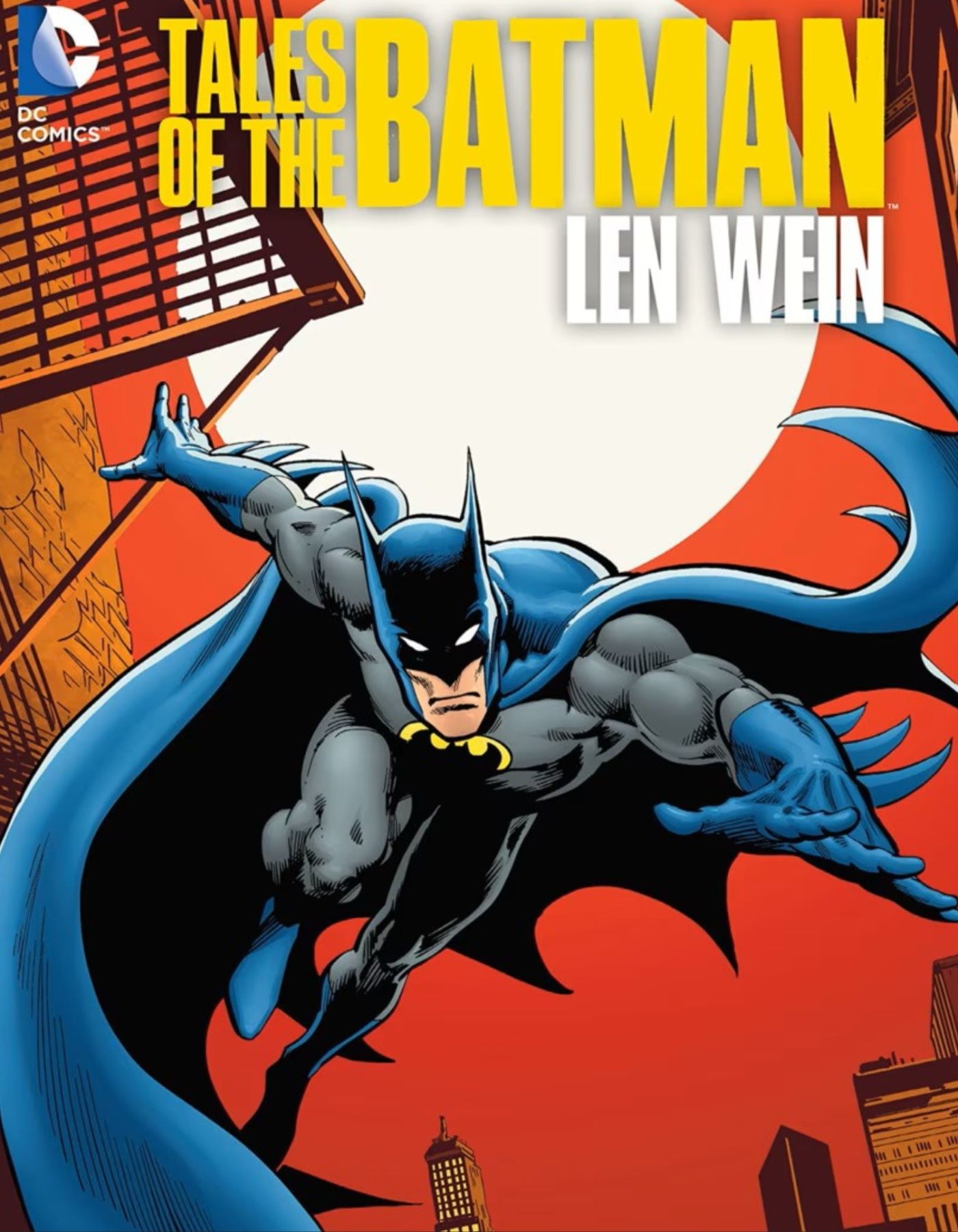 Batman leaping from a building in Gotham City in cover art for Tales of the Batman: Len Wein.