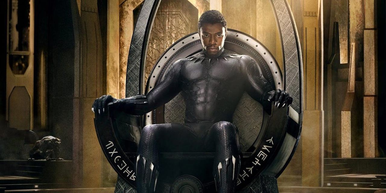TChalla sits on his Wakandan throne on the movie poser for Black Panther