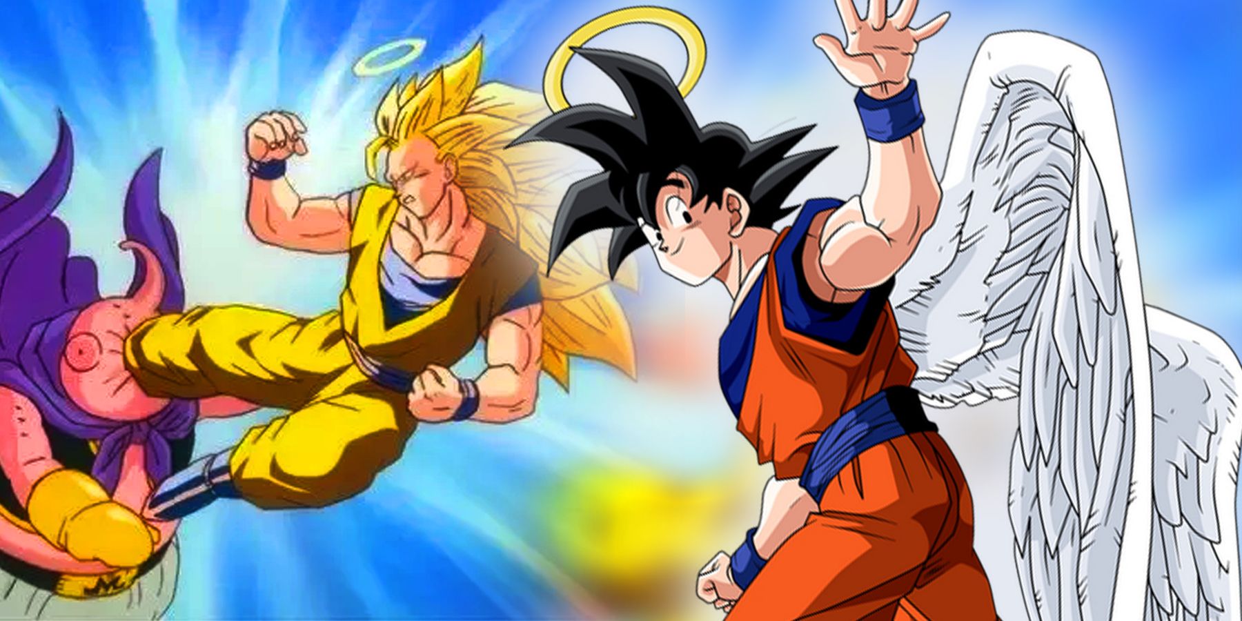 Goku fighting Majin Buu and Goku waving with angel wings and halo from anime Dragon Ball Z