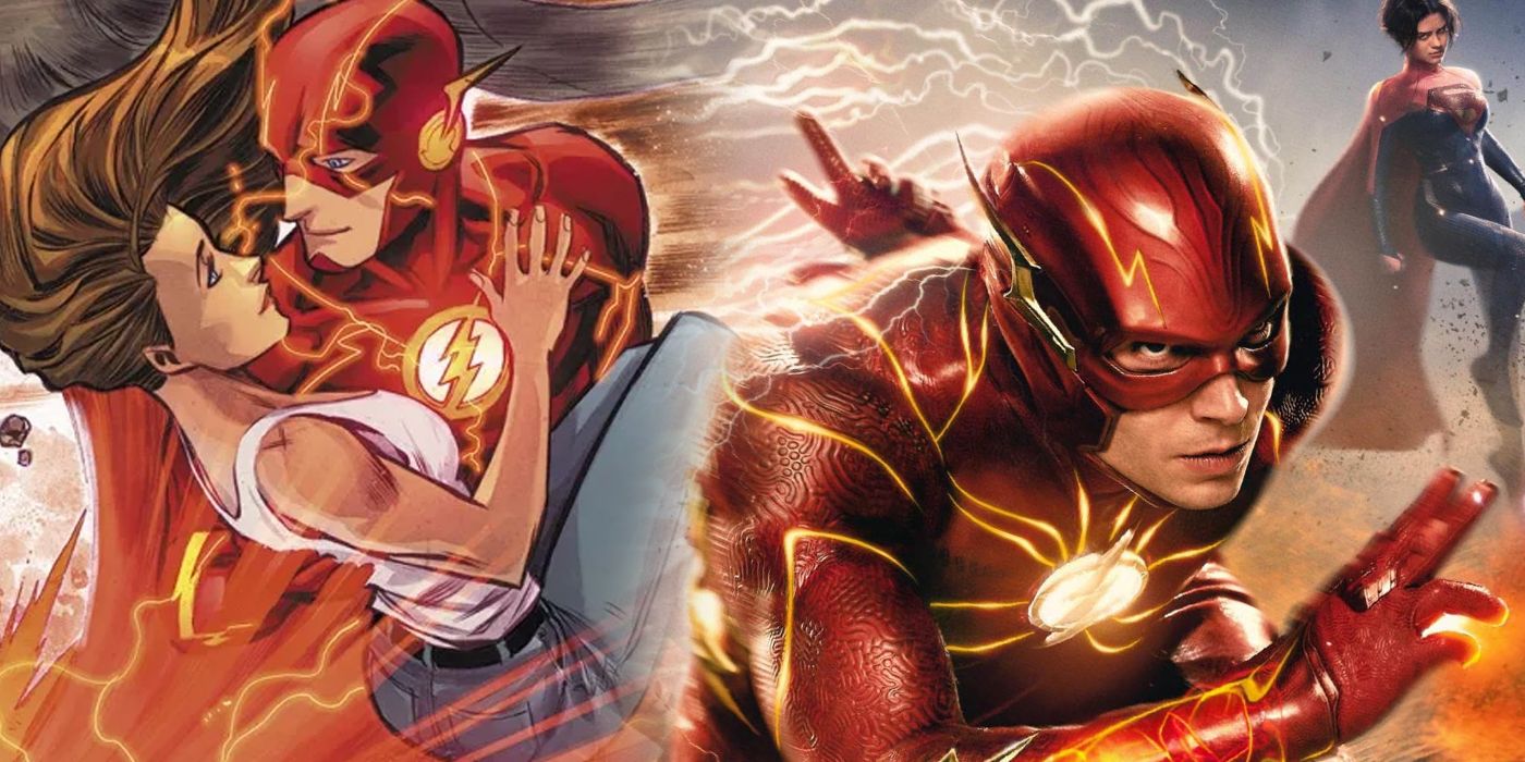 Split image of The Flash and Iris West from DC Comics and Barry Allen with Supergirl from The Flash movie