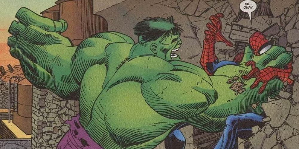 The Hulk slams Spider-Man into a wall in Peter Parker: Spider-Man