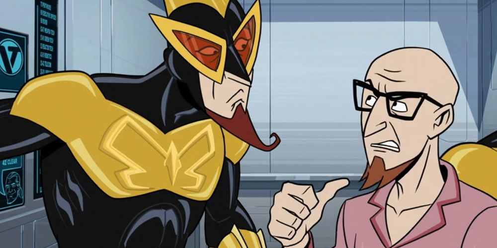 The Monarch and Doc Venture argue in the elevator in The Venture Bros