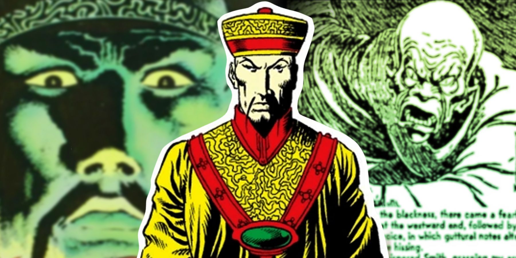 Fu Manchu as depicted in comic illustrations throughout the 20th century.