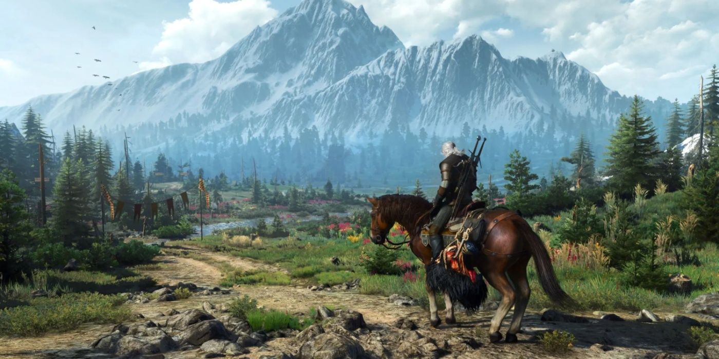 Geralt of Rivia riding on horseback in The Witcher 3: Wild Hunt across the landscape of Skellige.