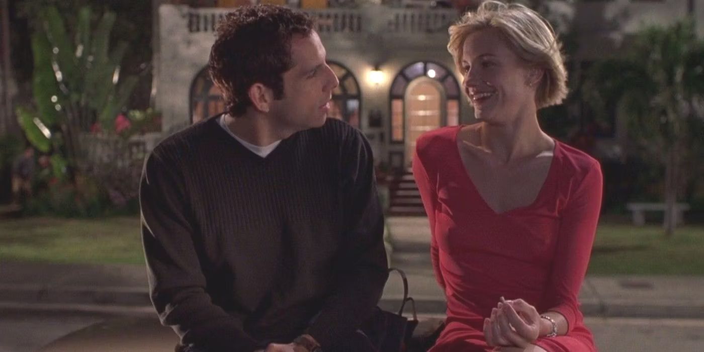 Ben Stiller and Cameron Diaz chat outside in There's Something About Mary