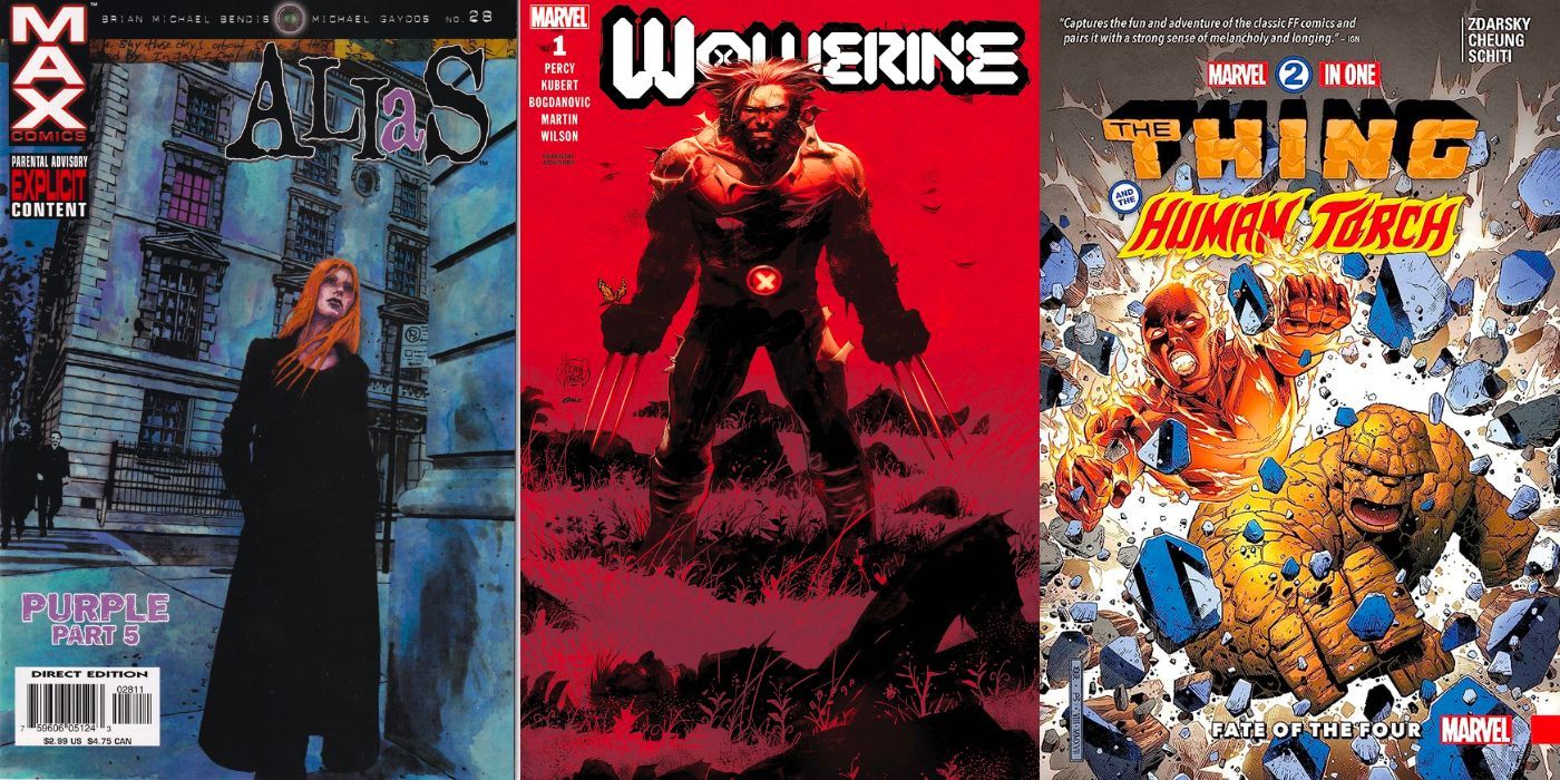 A split image of comic covers for Alias, Wolverine, and Marvel 2-in-One