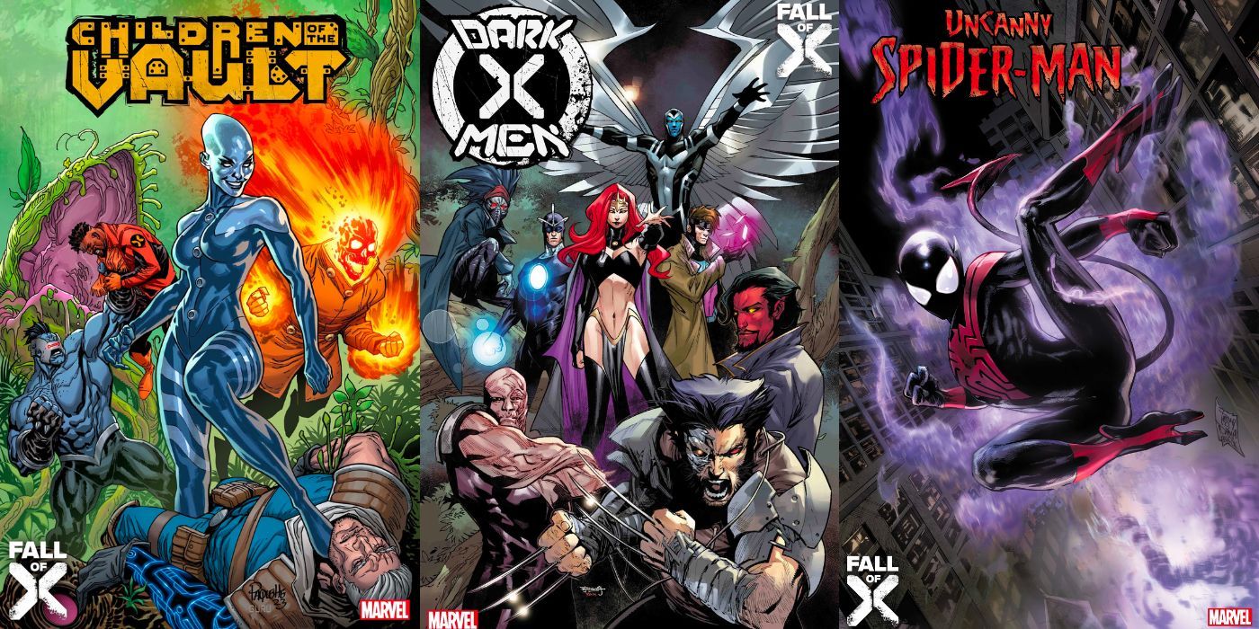 A split image of comic covers for Children of the Vault, Dark X-Men, and Uncanny Spider-Man from Fall of X