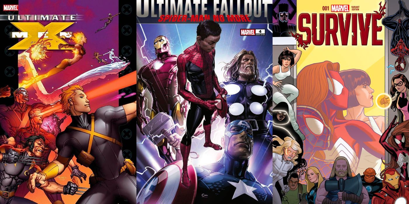A split image featuring Ultimate X-Men, Ultimate Fallout, and Survive!