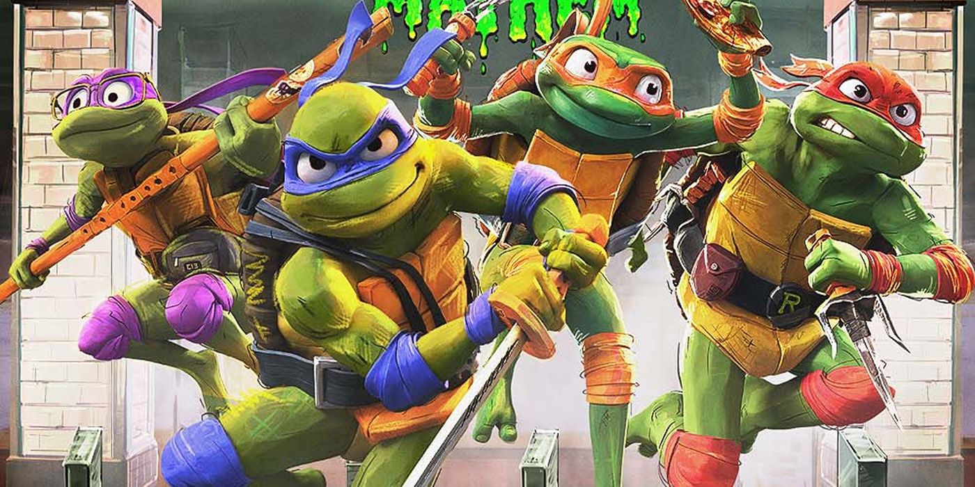 The four young turtles leap into action in TMNT: Mutant Mayhem.