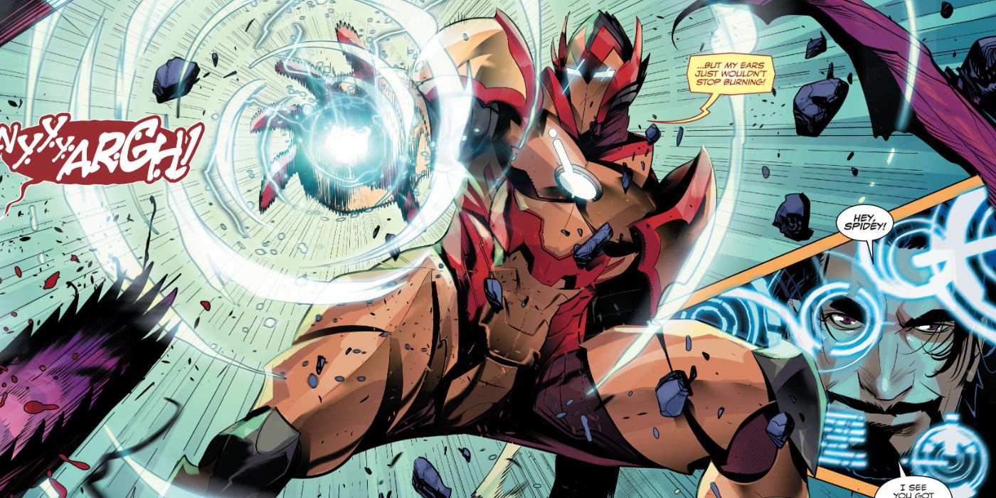 Tony Stark wears his Dragon-Slayer armor during Carnage Reigns from Marvel Comics