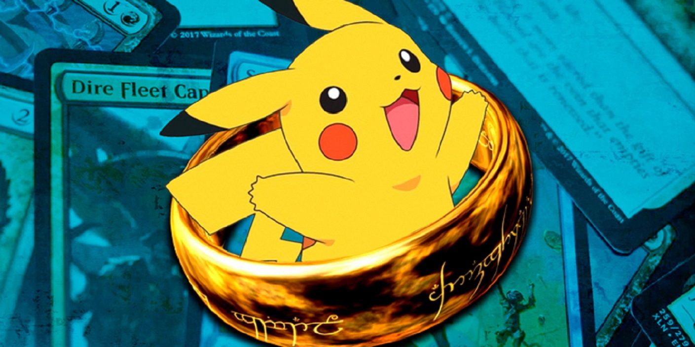 A joyful Pokemon, Pikachu, leaping out of MtG's One Ring and trading cards