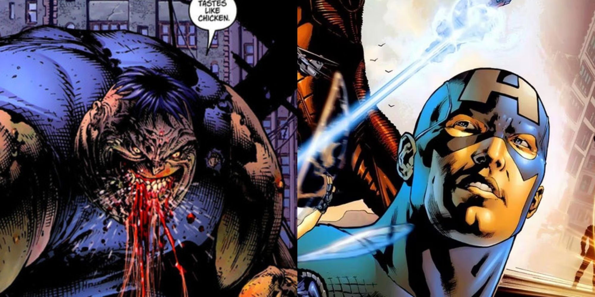 A split image of Ultimate Blob eating The Wasp and Ultimate Captain America in Marvel Comics
