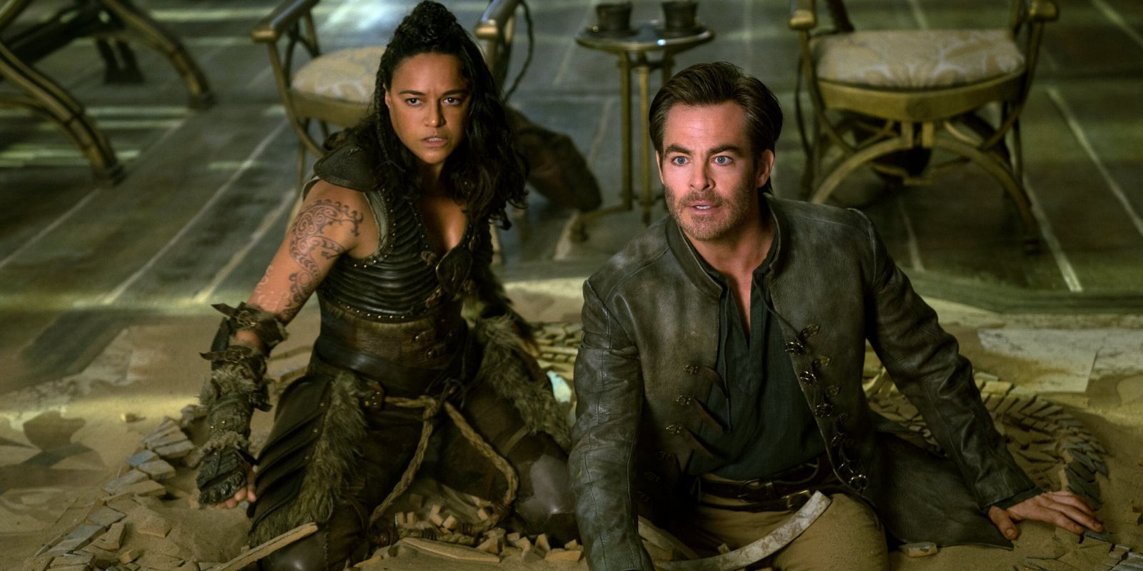 Chris Pine and Michelle Rodriguez trapped in the floor