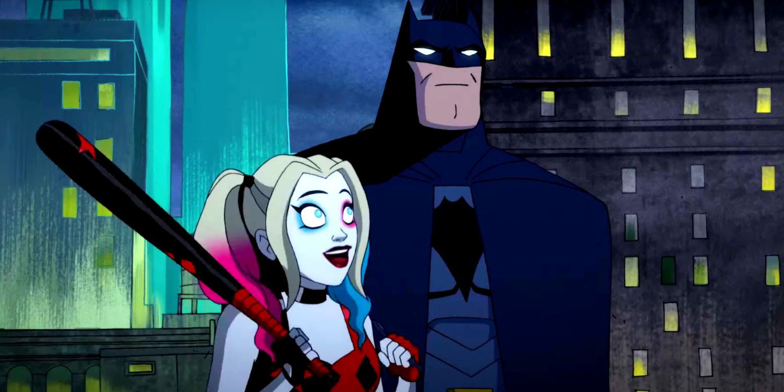 Harley Quinn and Batman on Gotham's rooftops