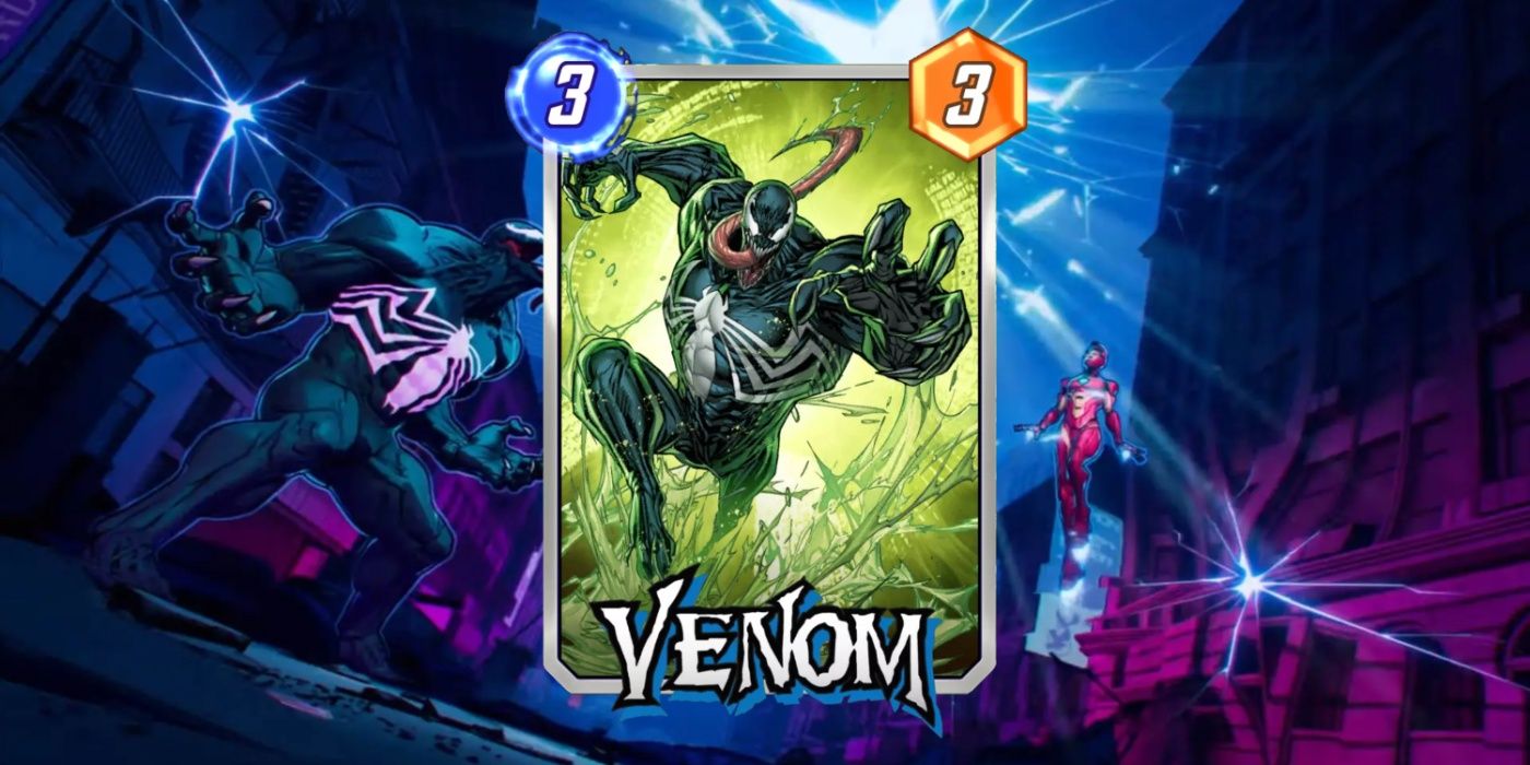 Venom's card in Marvel Snap against promotional art background