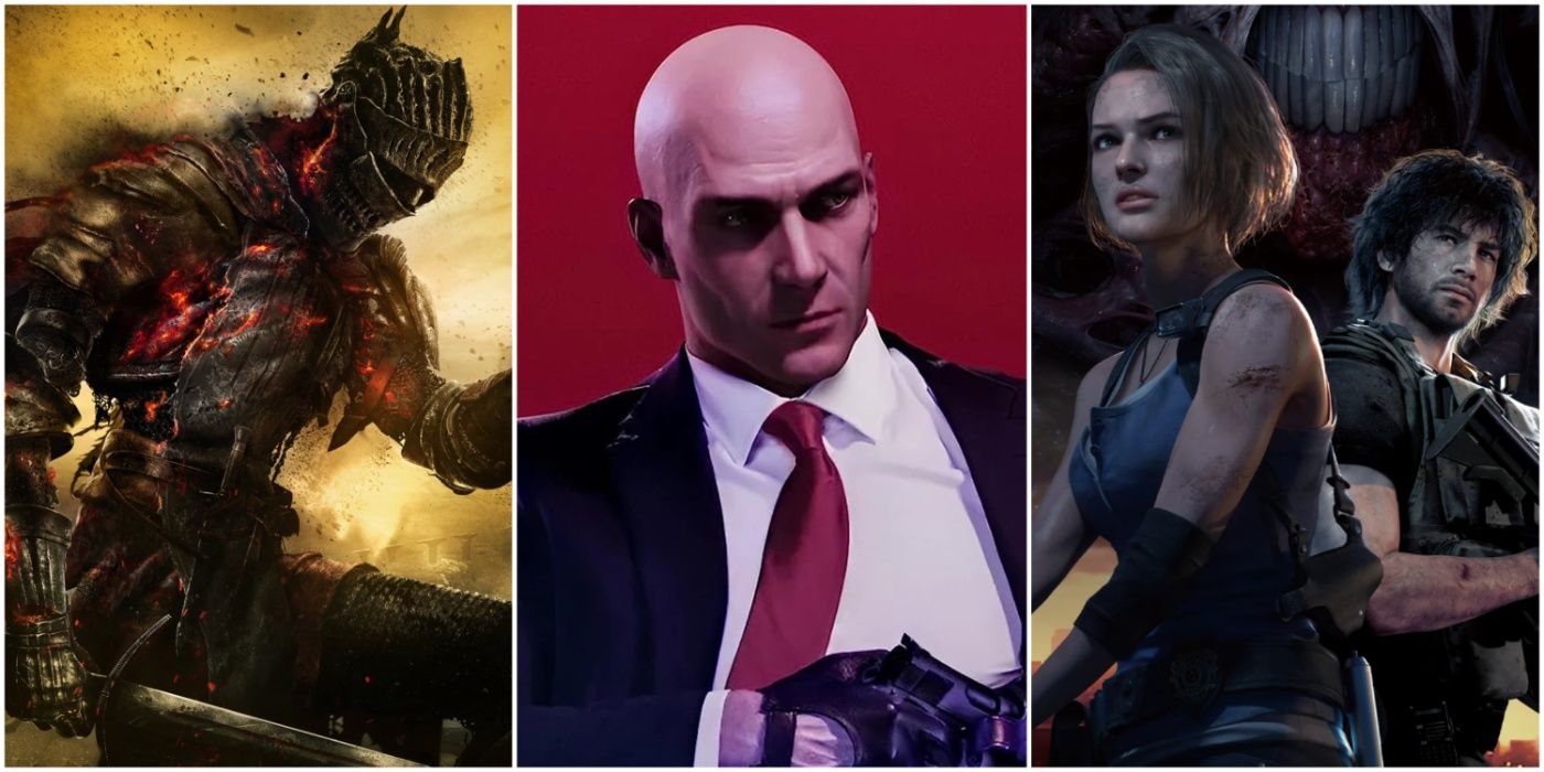 A split image showing the cover of Dark Souls III, Agent 47 in Hitman 2, and Jill Valentine and Carlos Oliveira in Resident Evil 3 remake