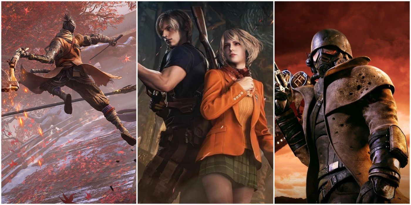 A split image showing Sekiro: Shadows Die Twice, Leon Kennedy and Ashley Graham in Resident Evil 4 Remake, and Fallout: New Vegas