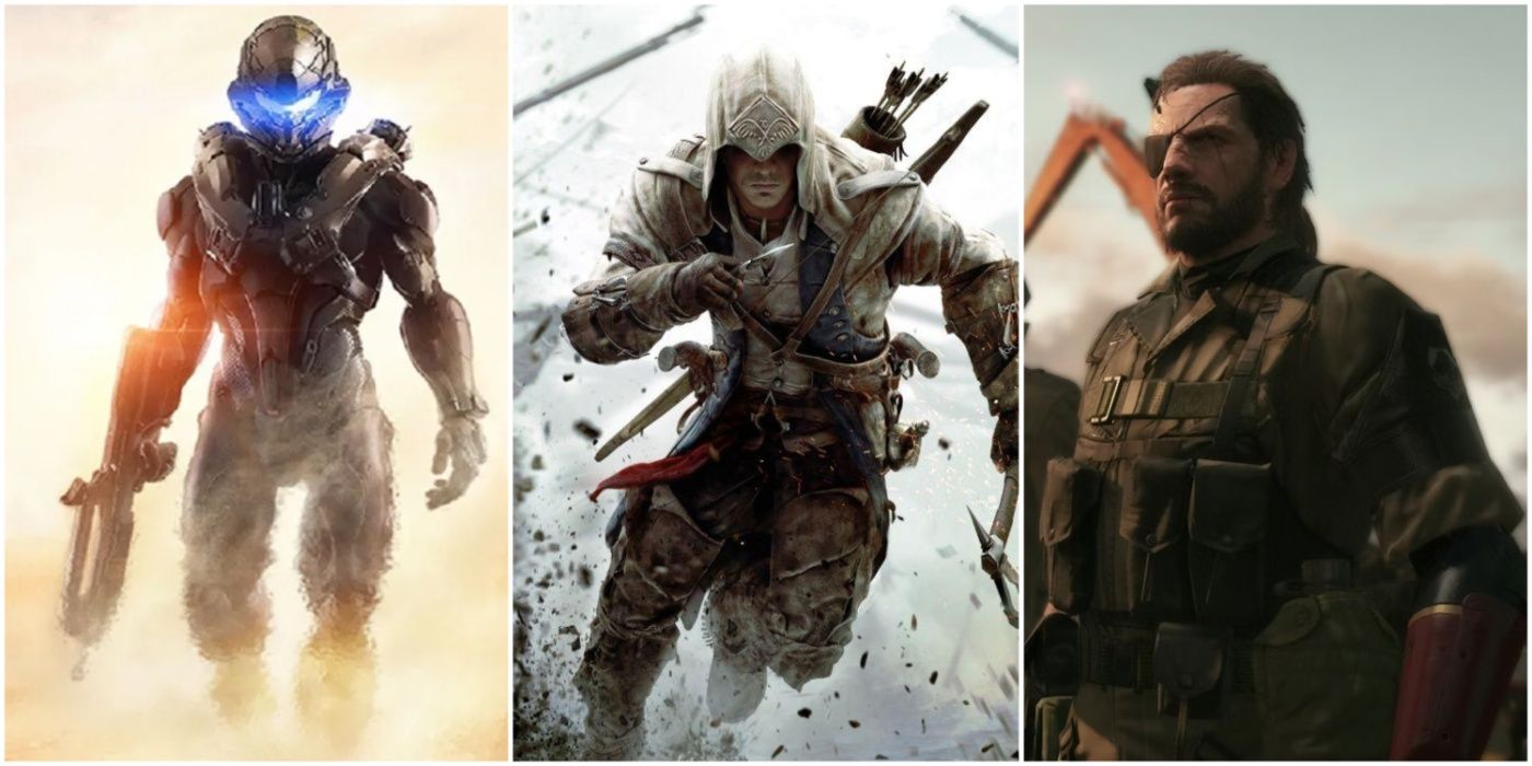 A split image showing Spartan Locke in Halo 5: Guardians, Connor Kenway in Assassin's Creed III, and Venom Snake in Metal Gear Solid V: The Phantom Pain