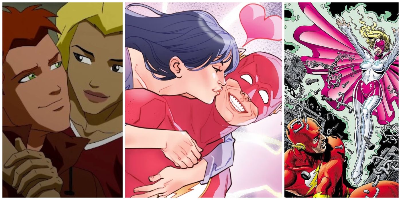 Split Image of Young Justice Wally West and Artemis Crock, Flash and Linda Park, and Flash and Magenta