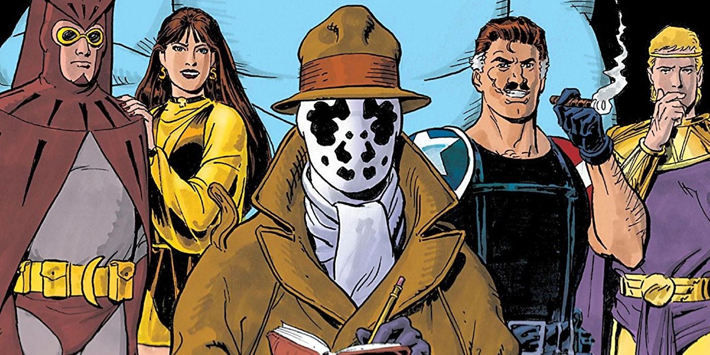 Rorschach, Nite-Owl, Silk Spectre, The Comedian e Ozymandius em Watchmen da DC Comics