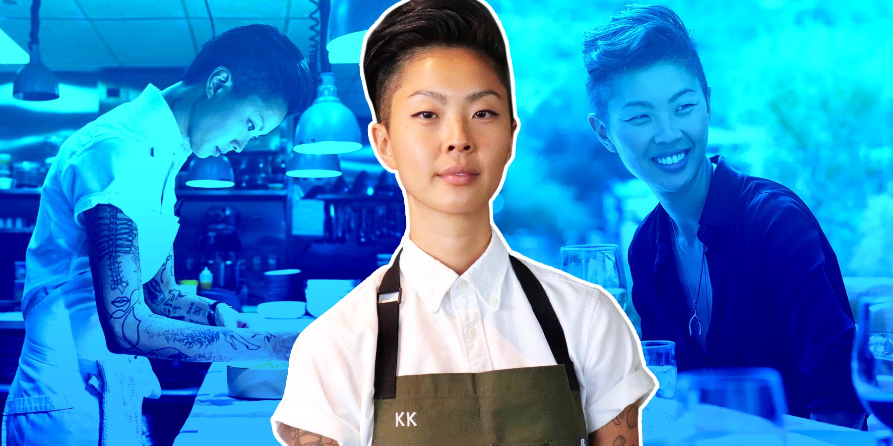 Kristen Kish stands in front of images from her Top Chef appearances