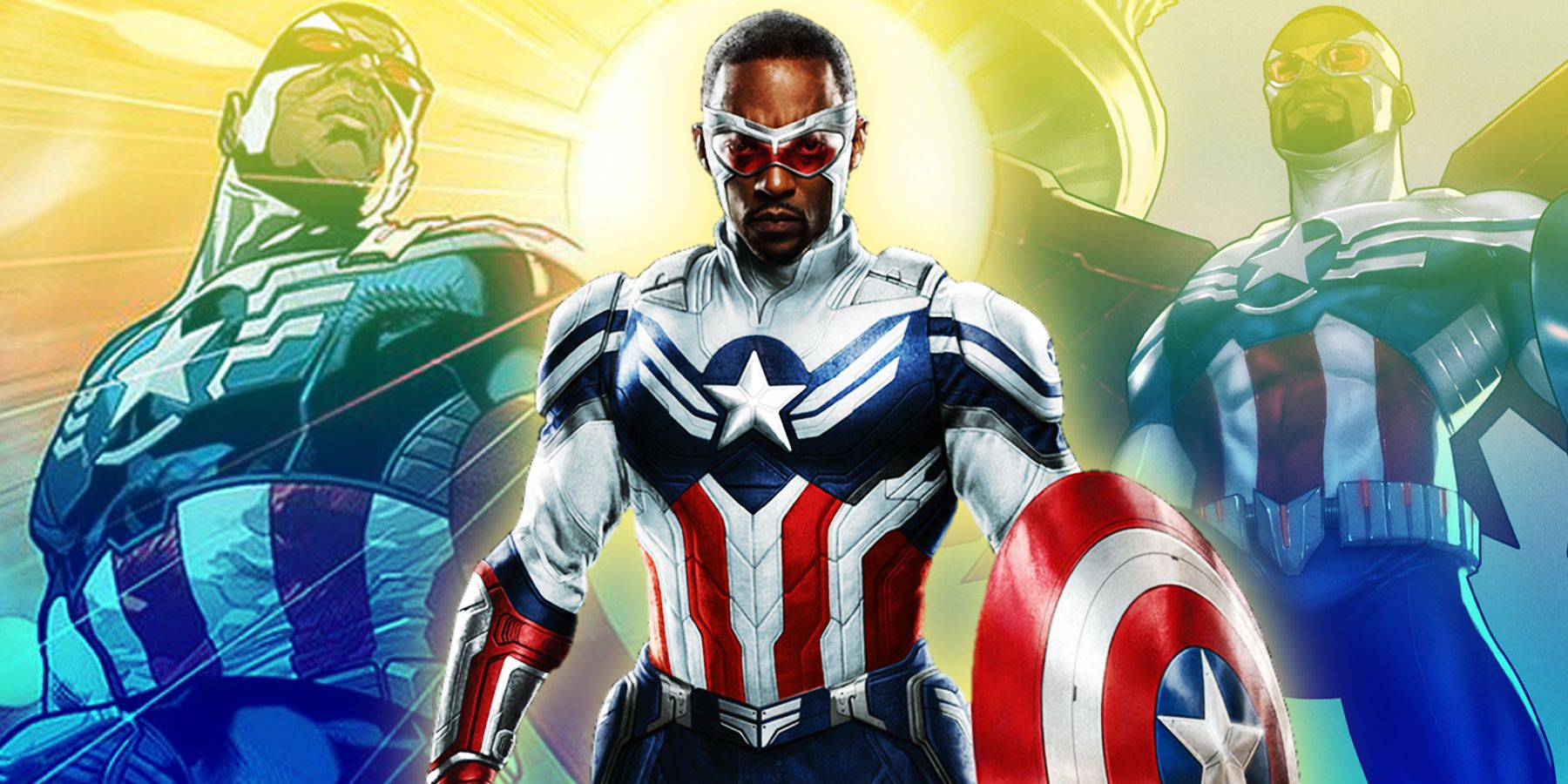 Anthony Mackie as Sam Wilson/ Captain America from the MCU and Sam Wilson's Captain America as seen in Marvel comcis