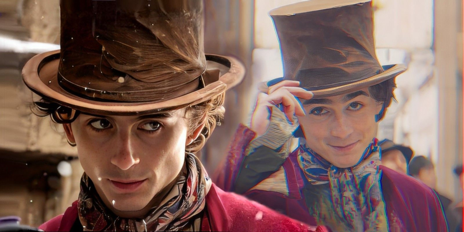 Close de Timothée Chalamet como Wonka ao lado dele tirando o chapéu com um sorriso malicioso.