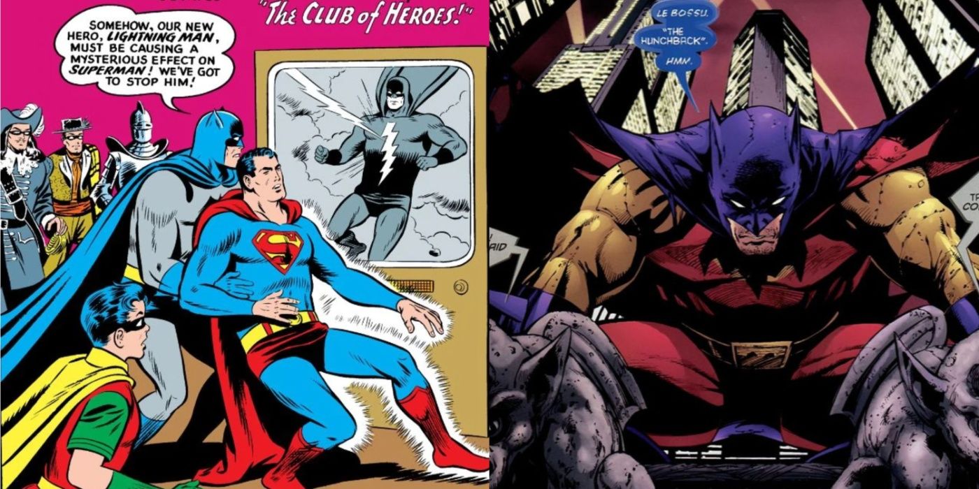 Split image of Batman and Superman in World's Finest and Bruce as the Batman of Zurr-En-Arrh in Morrison's run.