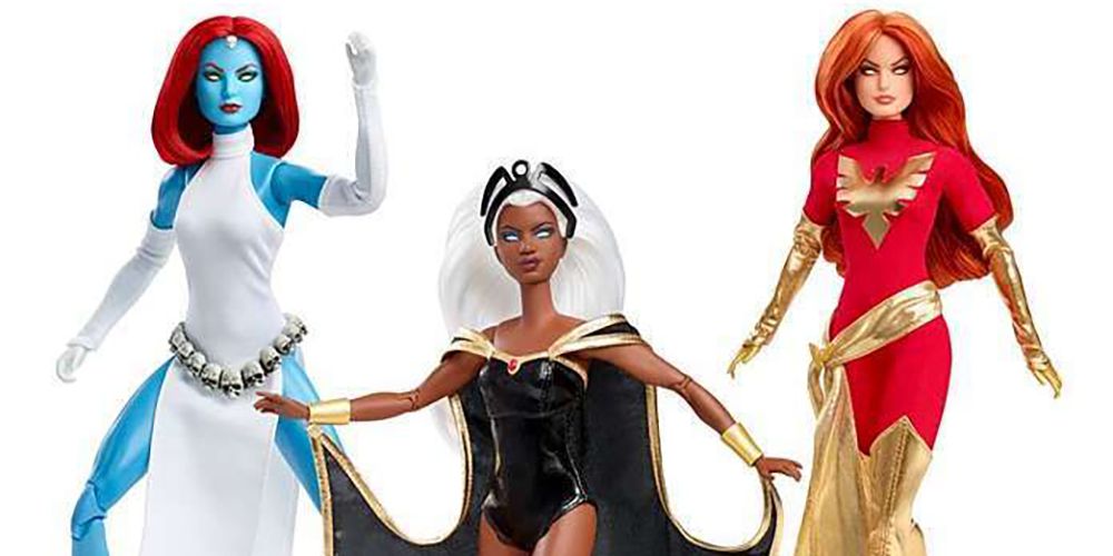 Brinquedos da Barbie e figuras de ação dos personagens X-Men Fênix Negra, Mística e Tempestade