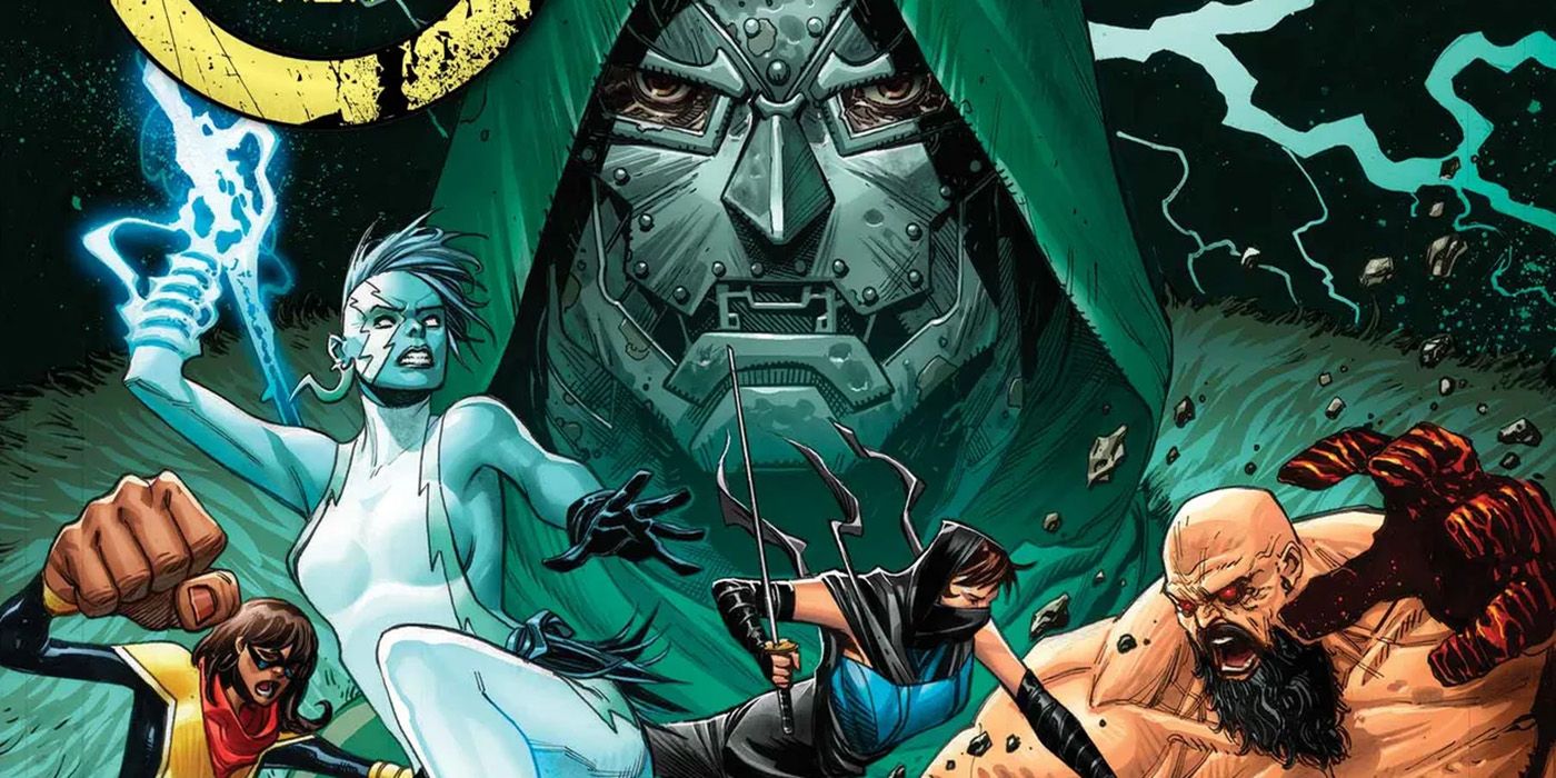 Doctor Doom's X-Men: Doom at the center with different mutants in front of him in Marvel Comics