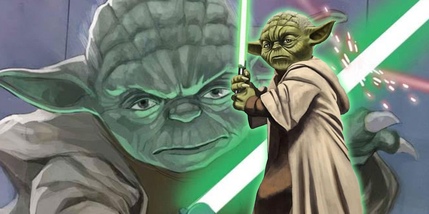 Yoda and his green lightsaber from Star Wars comics