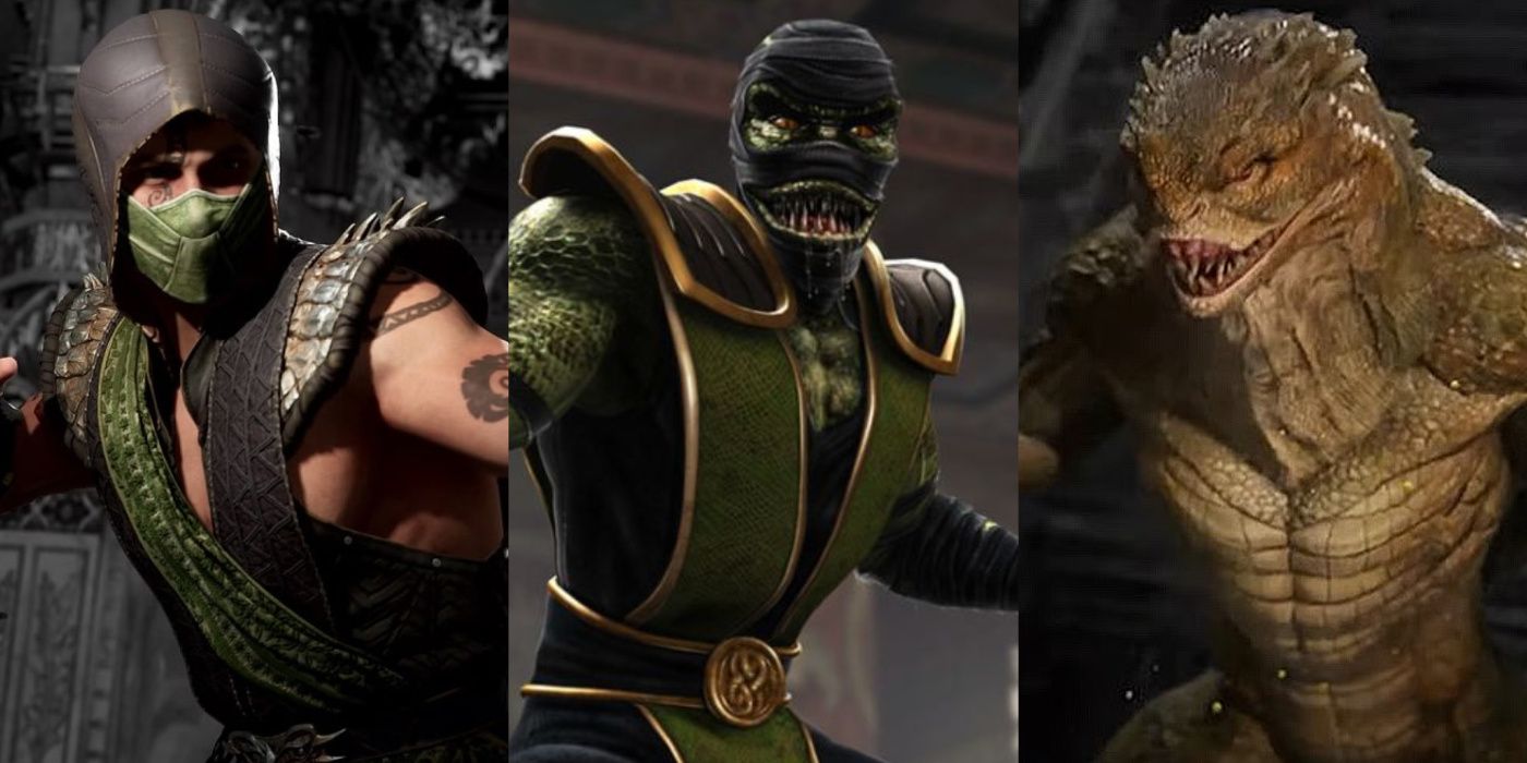 A split image of Reptile's human form from Mortal Kombat 1, Reptile from Mortal Kombat: Shaolin Monks, and Reptile's lizard form from Mortal Kombat 1