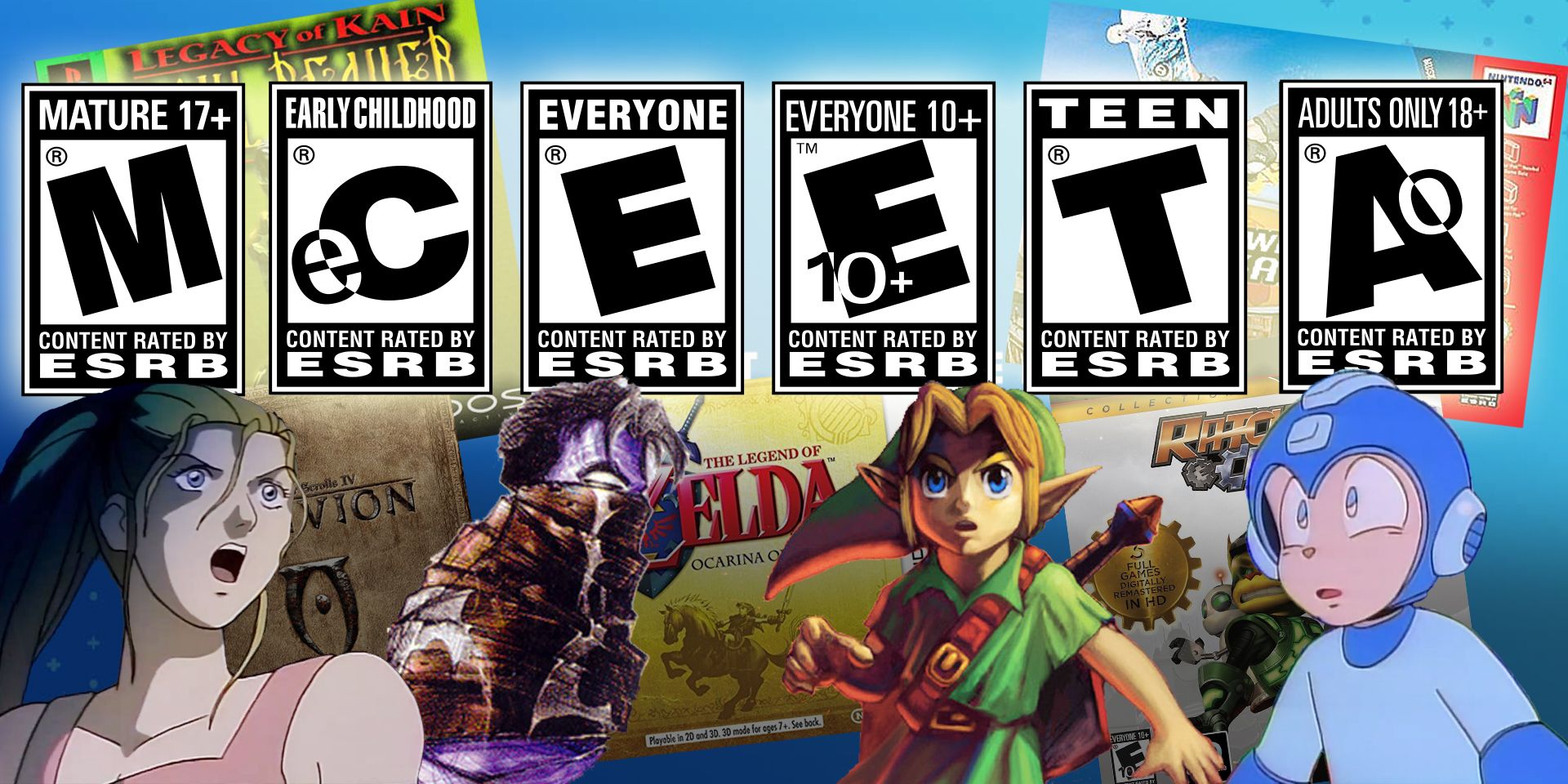 Some game characters stand in front of the ESRB ratings.