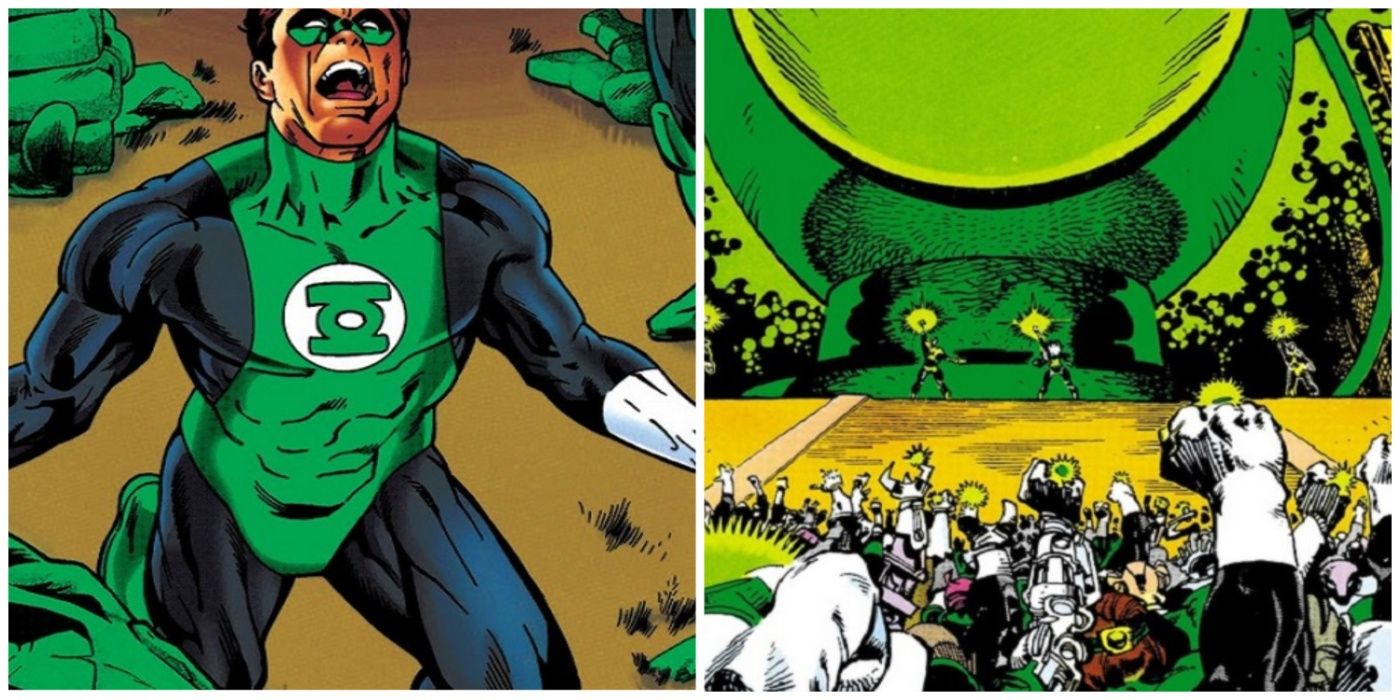 Split image of Hal Jordan kneeling and the Green Lanter Corps with their fists raised towards the Central Power Battery