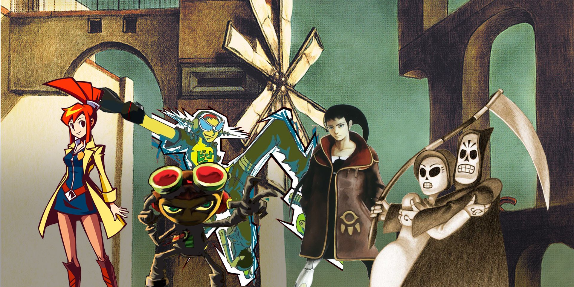 Collage of video game characters from Psychonauts, Grim Fandango, Ico and more