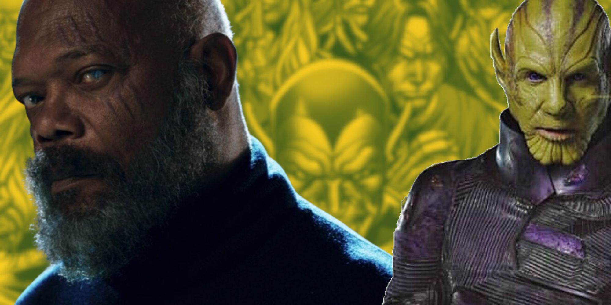 Composite image of Nick Fury, Talos, an a panel of Secret Invasion