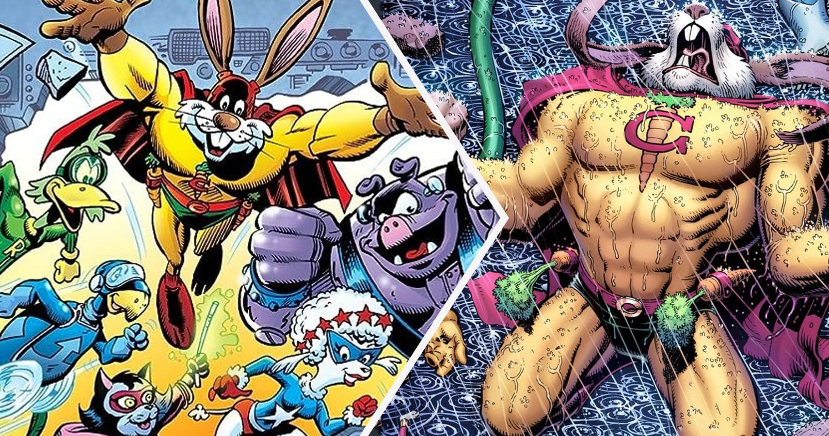 A split image of Captain Carrot and the Zoo Crew and Captain Carrot crying in DC Comics