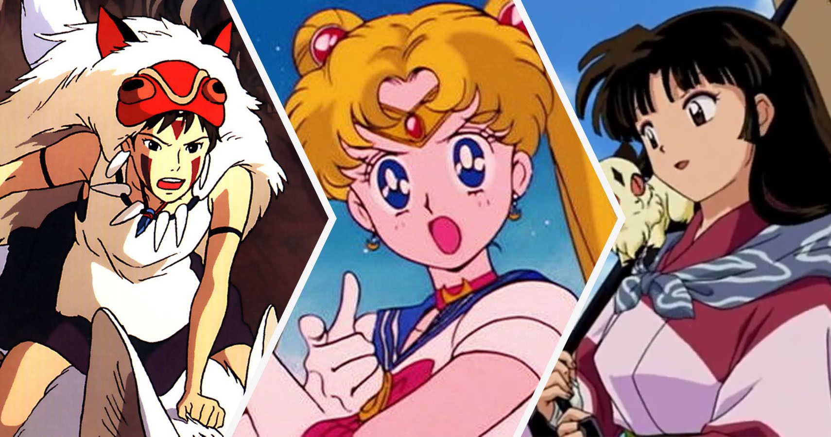 3 way split of Princess Mononoke, Sailor Moon, and Sango from Inuyasha