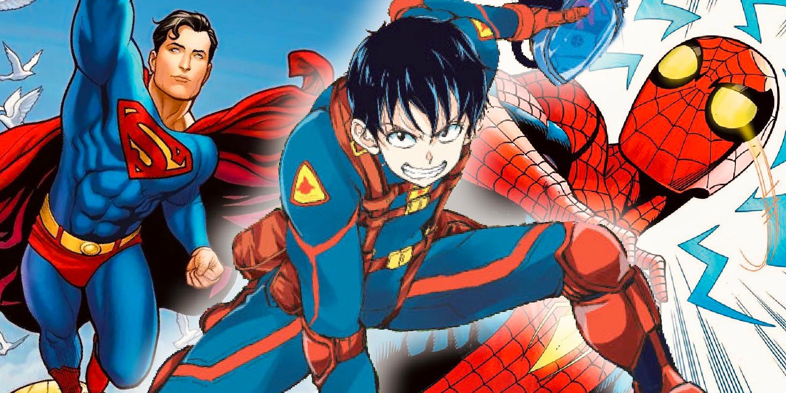Akira from Zom 100 as a super hero in front of Superman and spiderman